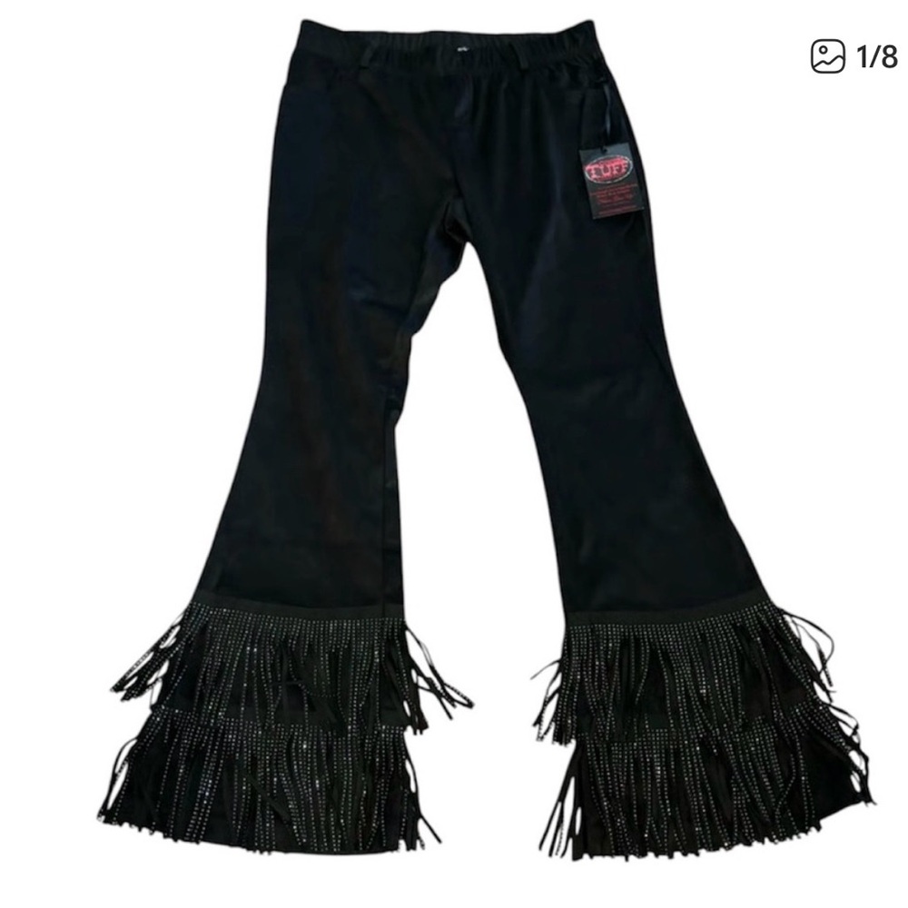 Cowgirl Tuff Black Flare Fringe Pants Size LG Faux Leather Crystal Elastic Waist